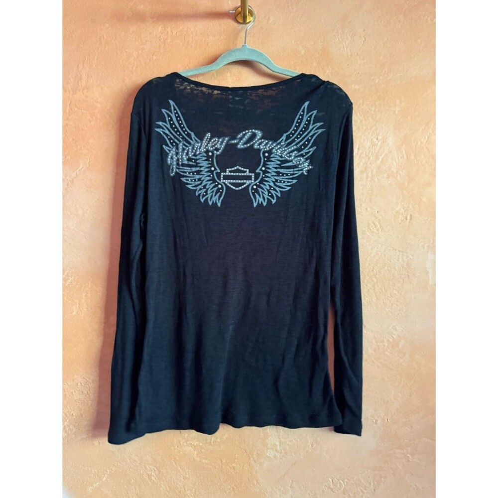 Harley Davidson Sheer Burnout Long Sleeve Wing Graphic Y2K Top Large - Picture 3 of 8